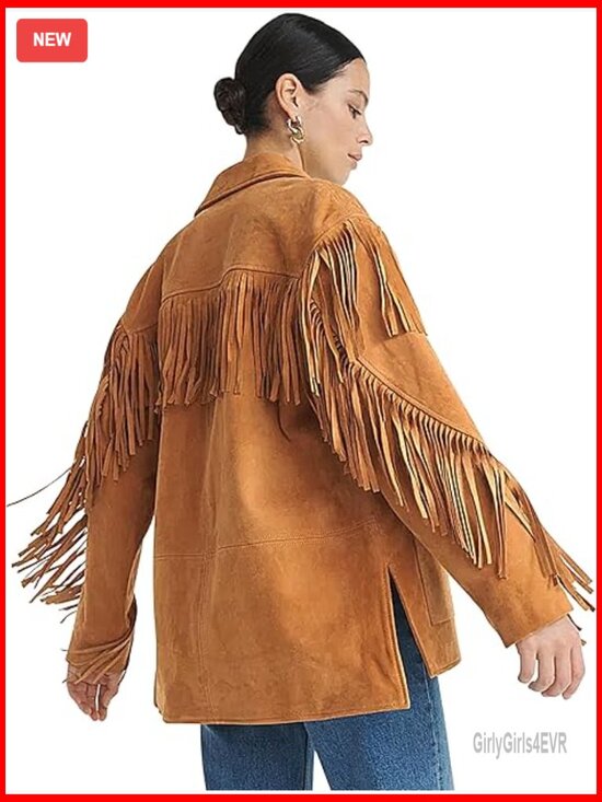 Jackets & Blazers - Faux Suede Fringe Jacket Oversized Long Sleeve Western Style Button Front